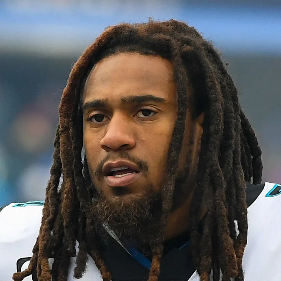 Dec 19, 2021; Orchard Park, New York, USA; Carolina Panthers outside linebacker Shaq Thompson (7) prior to the game against the Buffalo Bills at Highmark Stadium. Mandatory Credit: Rich Barnes-USA TODAY Sports