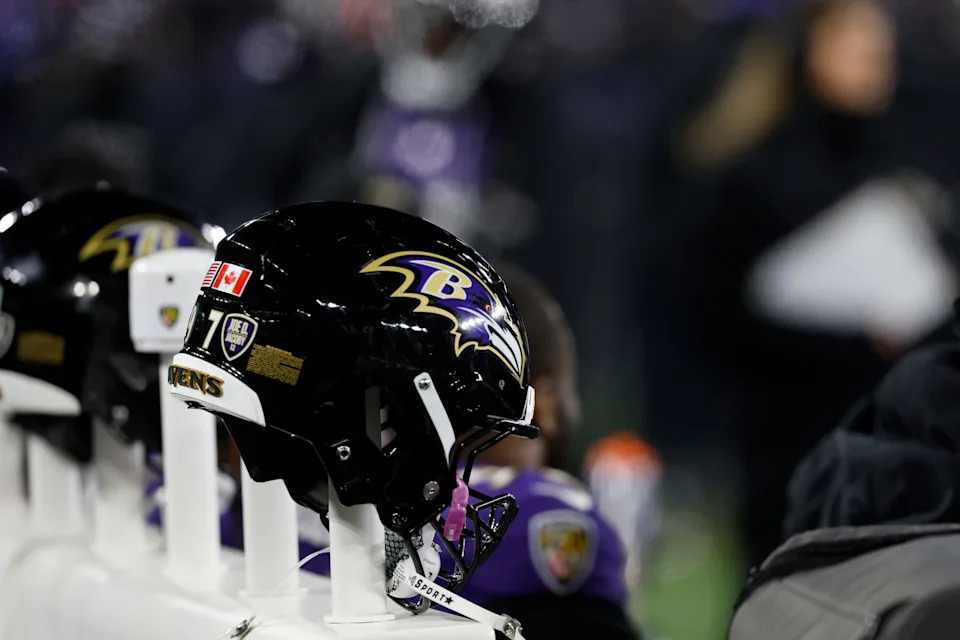 Jan 11, 2025; Baltimore, Maryland, USA; A view of Baltimore Ravens players' helmets on a heated bench against the Pittsburgh Steelers in an AFC wild card game at M&T Bank Stadium. Mandatory Credit: Geoff Burke-Imagn Images
