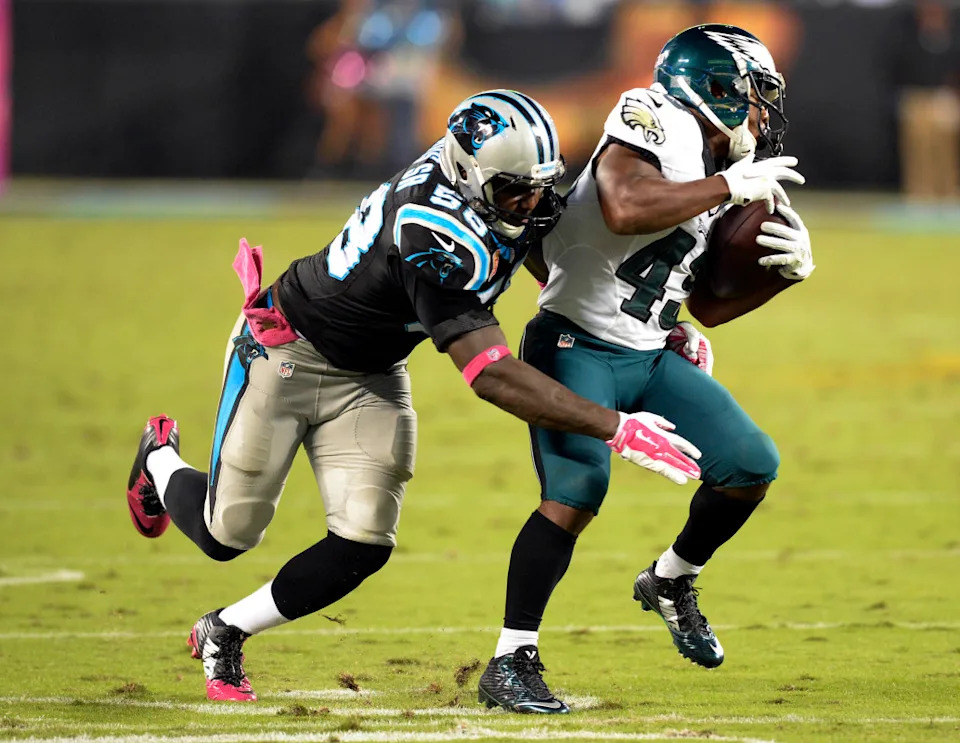 Carolina Panthers' Thomas Davis, Sr. (58) wraps up Philadelphia Eagles' Darren Sproles (43) during the first half on Sunday, Oct. 25, 2015, at Bank of America Stadium in Charlotte, N.C. (David T. Foster III/Charlotte Observer/Tribune News Service via Getty Images)Charlotte Observer&sol;Getty Images