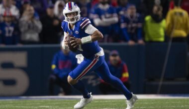 Buffalo Bills quarterback Josh Allen (17) runs with the ball during the second half of an NFL football game against the Baltimore Ravens in Orchard Park, N.Y., Sunday, Sept. 7, 2025. (AP Photo/Adrian Kraus)
