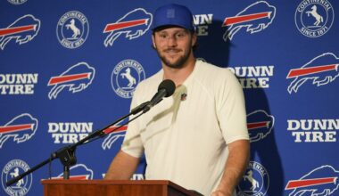 Buffalo Bills quarterback Josh Allen answers questions during a news conference after playing against the New York Jets in an NFL football game, Sunday, Sept. 14, 2025, in East Rutherford, N.J. (AP Photo/Frank Franklin II)