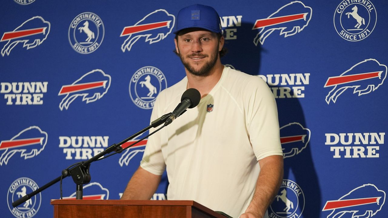 Buffalo Bills quarterback Josh Allen answers questions during a news conference after playing against the New York Jets in an NFL football game, Sunday, Sept. 14, 2025, in East Rutherford, N.J. (AP Photo/Frank Franklin II)