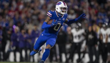 Buffalo Bills wide receiver Keon Coleman (0) runs with the ball during the first half of an NFL football game against the Baltimore Ravens in Orchard Park, N.Y., Sunday, Sept. 7, 2025. (AP Photo/Adrian Kraus)