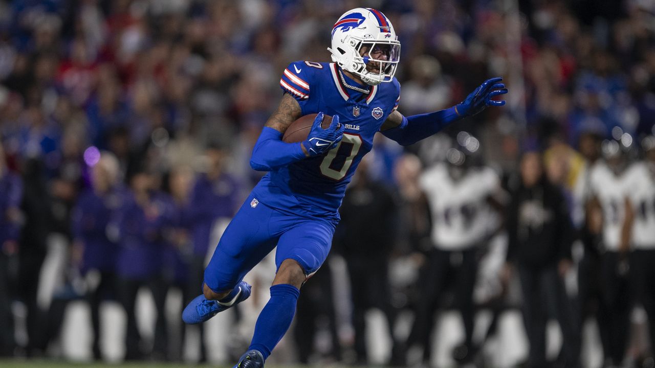 Buffalo Bills wide receiver Keon Coleman (0) runs with the ball during the first half of an NFL football game against the Baltimore Ravens in Orchard Park, N.Y., Sunday, Sept. 7, 2025. (AP Photo/Adrian Kraus)