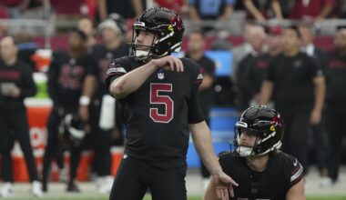 Arizona Cardinals place kicker Matt Prater (5) watches his kick during the first half of an NFL football game against the Detroit Lions, Sunday, Sept. 22, 2024, in Glendale, Ariz. (AP Photo/Rick Scuteri, File)