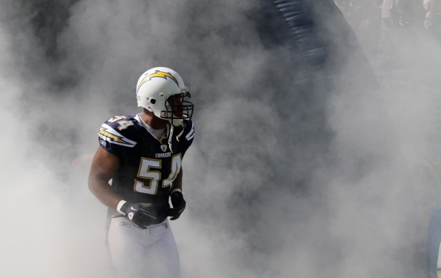 San Diego Chargers linebacker Stephen Cooper in an NFL football game between the San Diego Chargers and the Tennessee Titans Sunday, Oct. 31, 2010, in San Diego. (AP Photo/Gregory Bull)