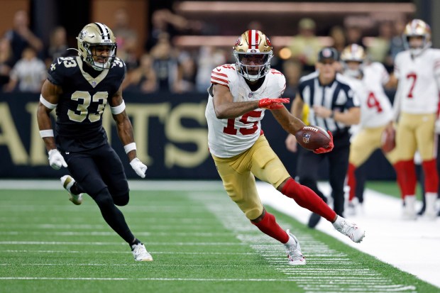 San Francisco 49ers wide receiver Jauan Jennings (15) runs the...