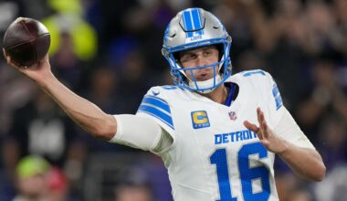 Detroit Lions quarterback Jared Goff throws a pass against the Baltimore Ravens during the first half of an NFL football game Monday, Sept. 22, 2025, in Baltimore. (AP Photo/Stephanie Scarbrough)