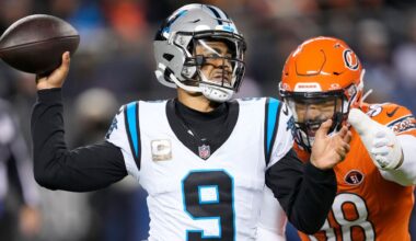 Carolina Panthers quarterback Bryce Young (9) throws under pressure from Chicago Bears defensive end Montez Sweat (98) on Nov. 9, 2023, in Chicago. (AP File Photo/Charles Rex Arbogast)