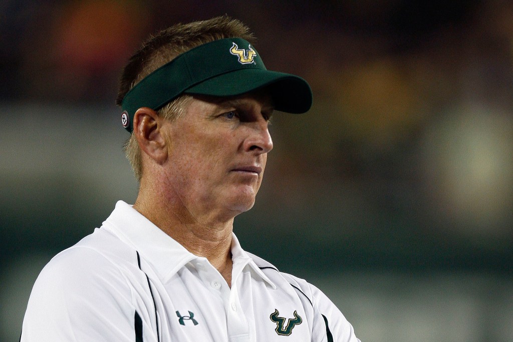 South Florida head coach Jim Leavitt watches his team play Charleston Southern during a NCAA college football game in Tampa, Fla., Sept. 19, 2009.