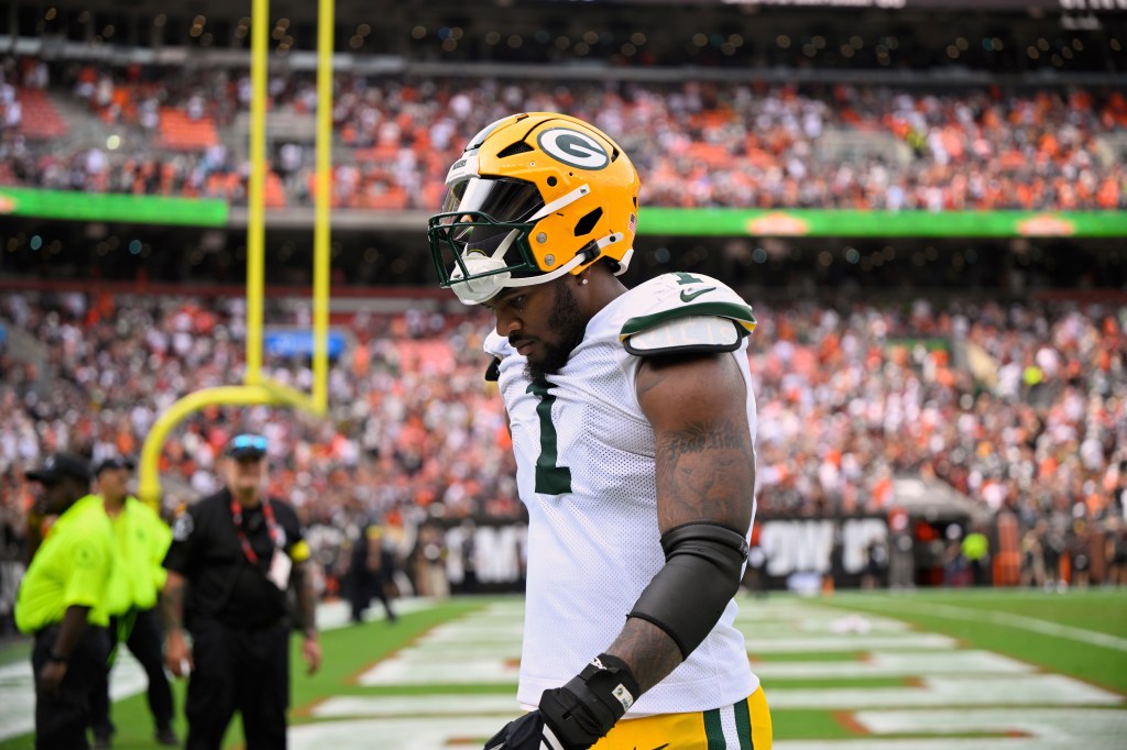 Green Bay Packers' Micah Parsons walks off the field after an NFL football game against the Cleveland Browns Sunday, Sept. 21, 2025, in Cleveland.