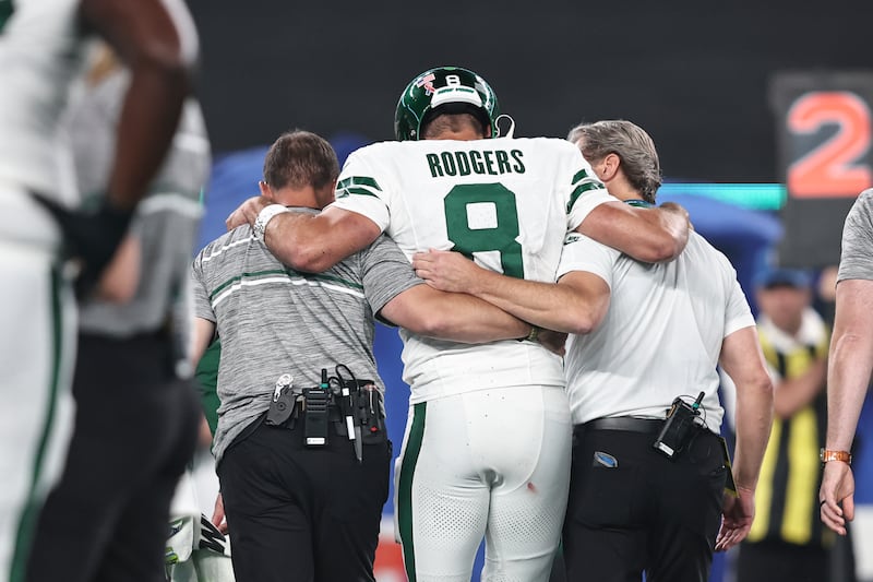 Aaron Rodgers's career at the New York Jets was undermined by injury. Photograph: Michael Owens/Getty Images