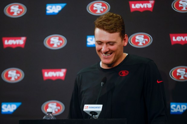 San Francisco 49ers' Mac Jones speaks during a press conference at Levi's Stadium in Santa Clara, Calif., on Wednesday, June 4, 2025. (Shae Hammond/Bay Area News Group)