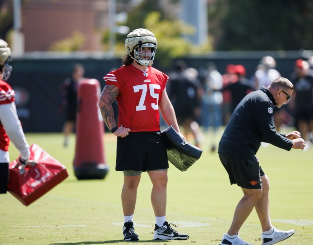 San Francisco 49ers' Connor Colby (75) practices at the San Francisco 49ers' practice facility in Santa Clara, Calif., on Wednesday, June 11, 2025. (Dai Sugano/Bay Area News Group)