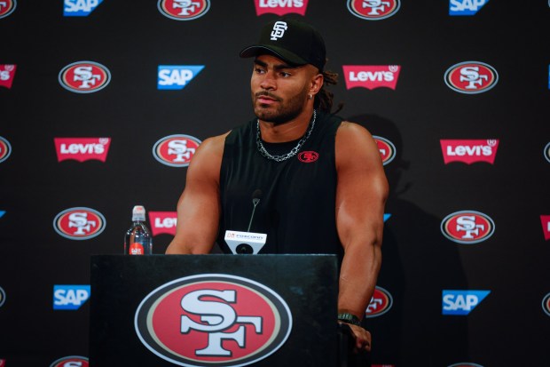 San Francisco 49ers' Fred Warner speaks during a press conference at Levi's Stadium in Santa Clara, Calif., Tuesday, July 22, 2025. (Shae Hammond/Bay Area News Group)