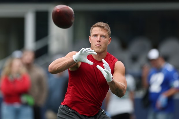 Christian McCaffrey #23 of the San Francisco 49ers warms up prior to the game against the Seattle Seahawks during the game at Lumen Field on Sept. 07, 2025 in Seattle, Washington. (Photo by Steph Chambers/Getty Images)