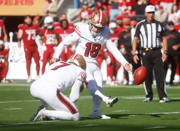 San Francisco 49ers kicker Eddy Pineiro (18) kicks the game-winning field goal against the Arizona Cardinals at the end of the fourth quarter at Levi's Stadium in Santa Clara, Calif., on Sunday, Sept. 21, 2025. (Nhat V. Meyer/Bay Area News Group)