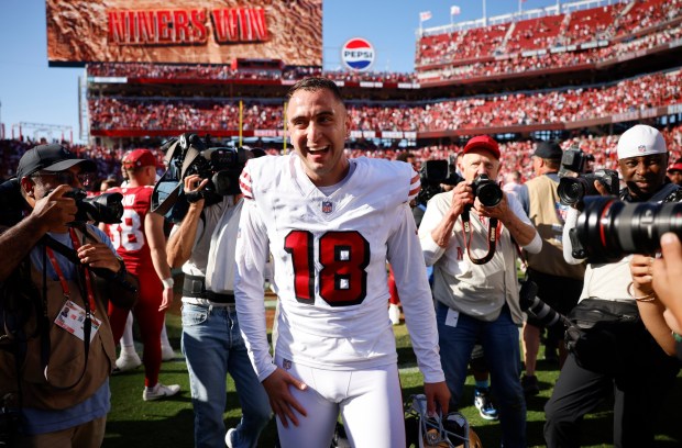 San Francisco 49ers kicker Eddy Pineiro (18) smiles after kicking the game-winning field goal against the Arizona Cardinals to win 16-15 at Levi's Stadium in Santa Clara, Calif., on Sunday, Sept. 21, 2025. (Nhat V. Meyer/Bay Area News Group)