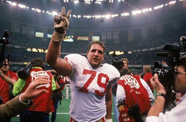 Tackle Harris Barton #79 of the San Francisco 49ers celebrates after the 49ers 55-10 win over the Denver Broncos in Super Bowl XXIV at Louisiana Superdome on Jan. 28, 1990 in New Orleans, Louisiana. (Photo by George Rose/Getty Images)