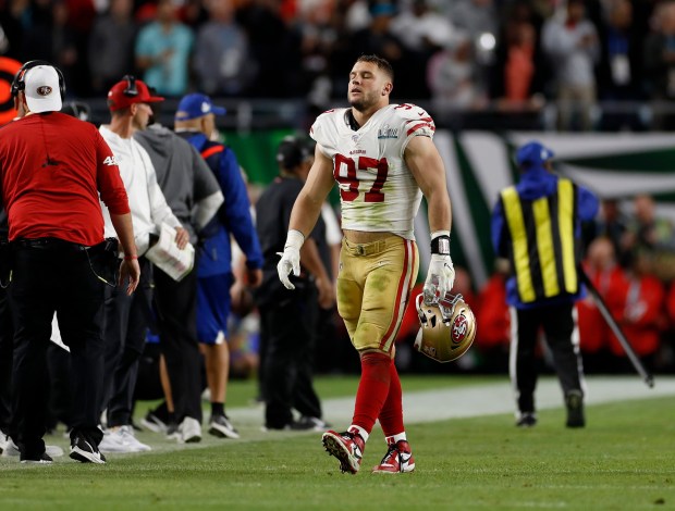 San Francisco 49ers' Nick Bosa (97) heads to the sidelines after the Kansas City Chiefs scored a touchdown late in the fourth quarter of Super Bowl LIV at Hard Rock Stadium in Miami Gardens, Fla., on Sunday, Feb. 2, 2020. (Nhat V. Meyer/Bay Area News Group)
