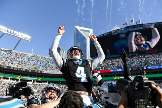 Eddy Pineiro (4) of the Carolina Panthers celebrates after kicking the game-winning field goal during the fourth quarter against the Houston Texans at Bank of America Stadium on Oct. 29, 2023, in Charlotte, North Carolina. (Eakin Howard/Getty Images/TNS)