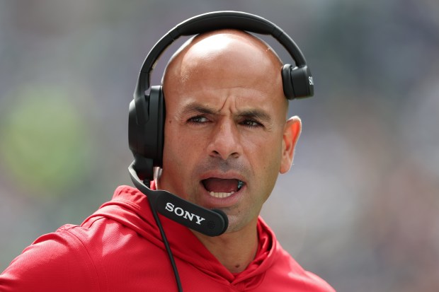 Defensive coordinator Robert Saleh of the San Francisco 49ers looks on during the second quarter against the Seattle Seahawks during the game at Lumen Field on Sept. 07, 2025 in Seattle, Washington. (Photo by Steph Chambers/Getty Images)