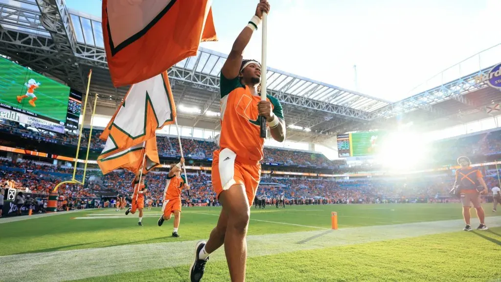 A flag holder is seen during a Miami Hurricanes game.