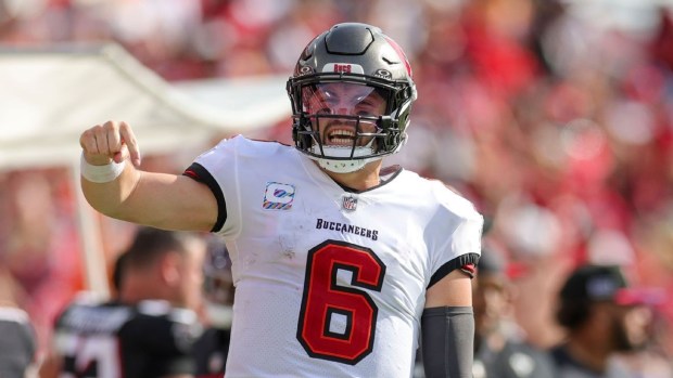 Tampa Bay Buccaneers quarterback Baker Mayfield celebrates after a play against the Philadelphia Eagles on Sept. 29, 2024, in Tampa, Fla. (Associated Press)
