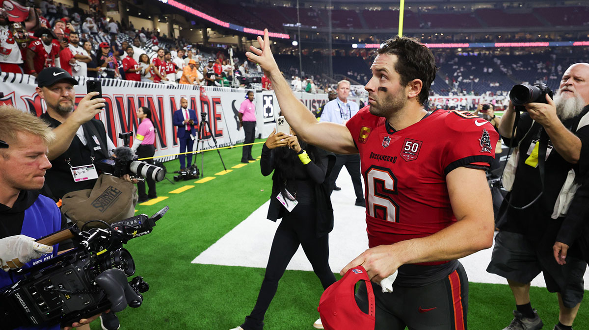 Tampa Bay Buccaneers quarterback Baker Mayfield (6) waves to fans after the game against the Houston Texans at NRG Stadium.