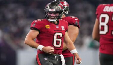 Tampa Bay Buccaneers' Baker Mayfield (6) looks back after running the ball in the second half of an NFL football game against the Houston Texans Monday, Sept. 15, 2025, in Houston, Texas. (AP Photo/Eric Gay)
