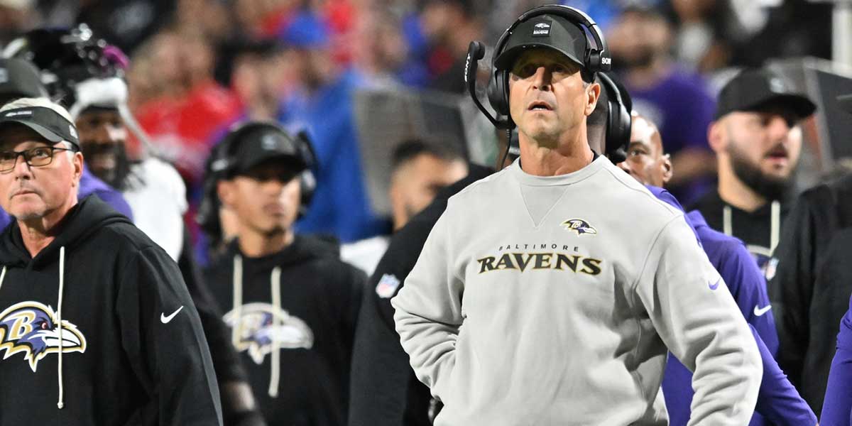 Baltimore Ravens head coach John Harbaugh looks on during the third quarter against the Buffalo Bills at Highmark Stadium.