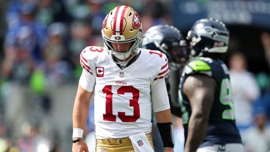 Brock Purdy #13 of the San Francisco 49ers reacts during the second quarter against the Seattle Seahawks (Getty Images via AFP)