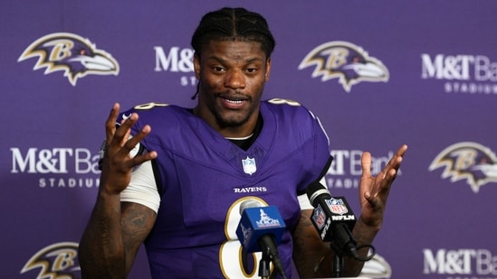 Baltimore Ravens quarterback Lamar Jackson speaks during a news conference.(AP)