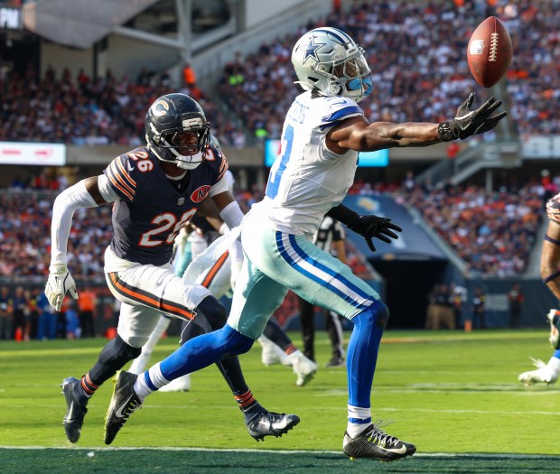 Dallas Cowboys wide receiver George Pickens (3) catches a pass...