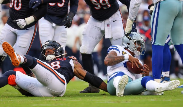 Chicago Bears defensive end Montez Sweat (98) sacks Dallas Cowboys...