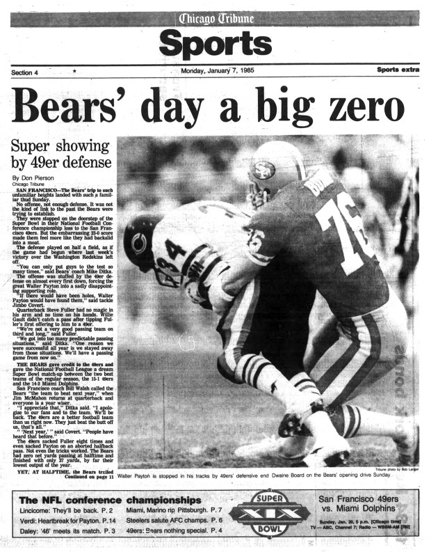 The Chicago Bears lost the NFC championship to the San Francisco 49ers 23-0 on Jan. 6, 1985 at Candlestick Park. (Chicago Tribune)
