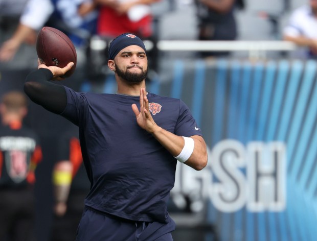 Bears quarterback Caleb Williams prepares to face the Cowboys on Sunday, Sept. 21, 2025, at Soldier Field. (Brian Cassella/Chicago Tribune)