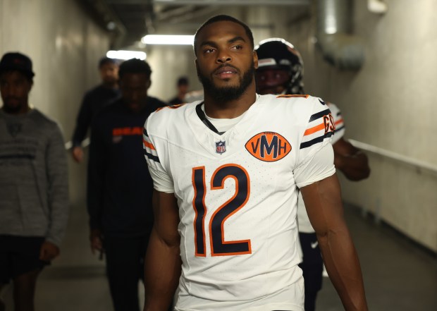 Bears wide receiver Devin Duvernay heads to the field for a game against the Lions at Ford Field on Sept. 14, 2025, in Detroit. (John J. Kim/Chicago Tribune)