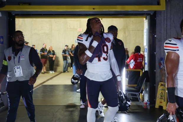 Bears linebacker Tremaine Edmunds heads to the locker room after warmups for a game against the Lions at Ford Field on Sept. 14, 2025, in Detroit. (John J. Kim/Chicago Tribune)