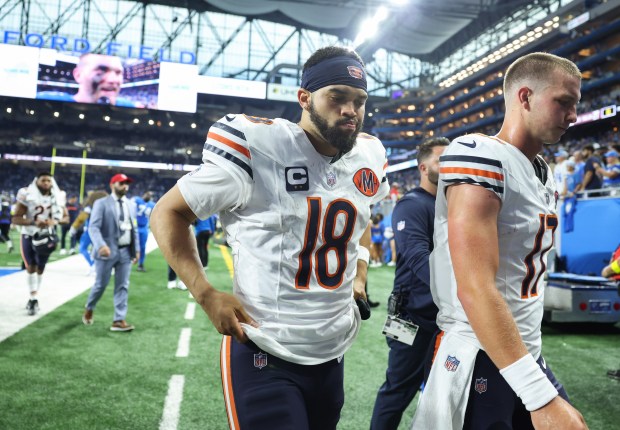 Bears quarterbacks Caleb Williams, left, and Tyson Bagent head to...