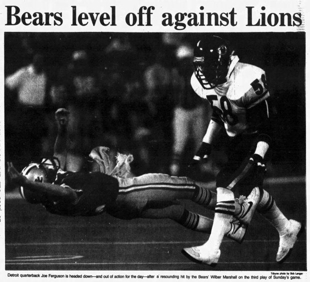Despite beating the Lions 37-17 on Dec. 22, 1985 and Wilber Marshall's hit on Lions quarterback Joe Ferguson that sent him out of the game Chicago Bears coach Mike Ditka wasn't satisfied heading into the playoffs. "We'll be the underdogs, no question about it," he said. "Maybe we're doing too many 'Super Bowl Shuffles.'" (Chicago Tribune)