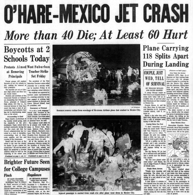 Honeymooners and vacationers from Chicago were aboard a Mexicana flight from O'Hare International Airport when it crashed in a swamp on Sept. 21, 1969, near the airport in Mexico City. (Chicago Tribune)