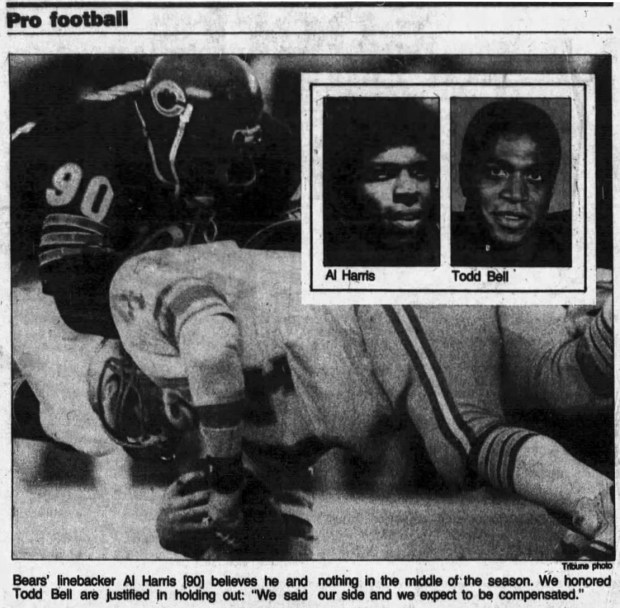 Two Chicago Bears free agents linebacker Al Harris and safety Todd Bell held out after the 1984 season for better contracts, but both couldn't arrive at an agreement with the team's management. Neither played during the 1985 season. (Chicago Tribune)