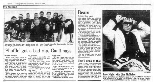 Chicago Bears wide receiver said the idea for the "Super Bowl Shuffle" came about while he was working with Red Label Records on a different project. (Chicago Tribune)