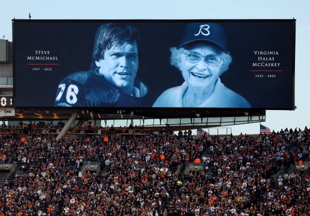 Steve McMichael and Virginia Halas McCaskey are honored with a...
