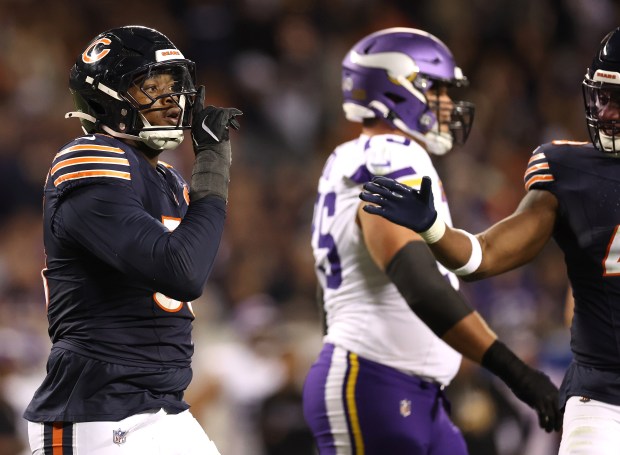 Chicago Bears defensive end Dayo Odeyingbo (55) celebrates after disrupting...