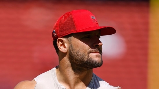 San Francisco 49ers defensive end Nick Bosa warms up prior to an NFL football game against the Arizona Cardinals, Sunday, Sept. 21, 2025, in Santa Clara.(AP)