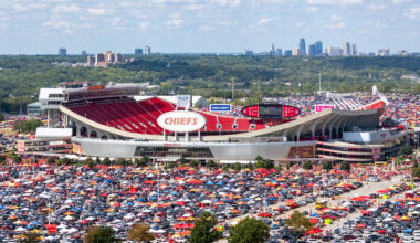 An aerial view of GEHA Field at Arrowhead Stadium with cars surrounding it during the day