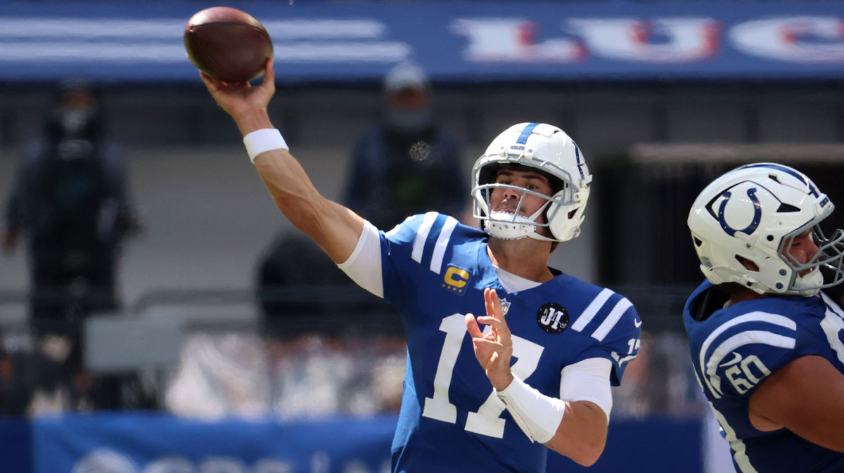 Indianapolis Colts quarterback Daniel Jones (17) throws during the first half against the Miami Dolphins at Lucas Oil Stadium.