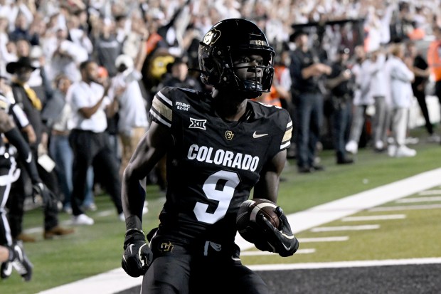 University of Colorado Buffaloes wide receiver Sincere Brown (9)scores a...